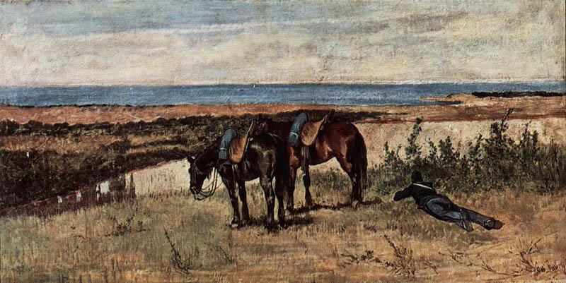 Giovanni Fattori Soldat mit zwei Pferden am Ufer des Meeres Spain oil painting art